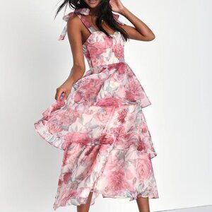 Lulus Playfully Posh Blush Floral Organza Tie-strap Tiered Midi Dress Pink